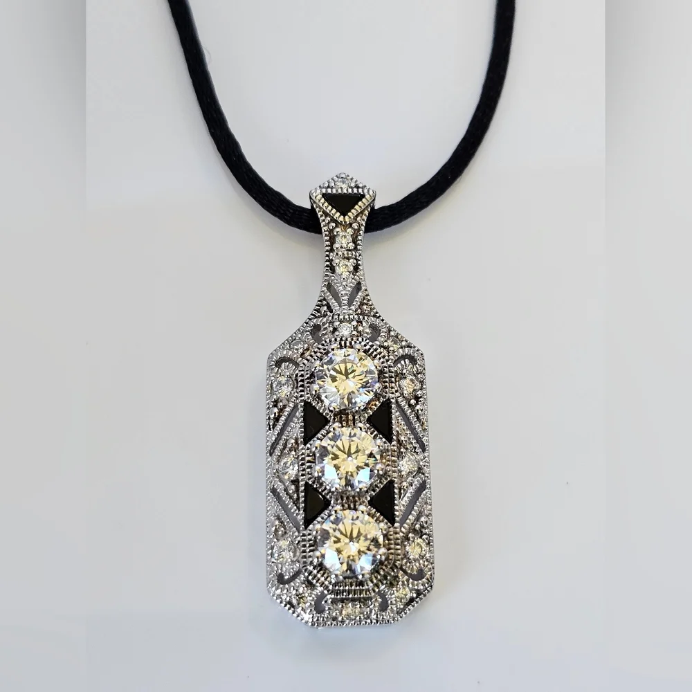 Stunning Edwardian Style Black Onyx & Diamond Simulant Pendant Sterling Silver!